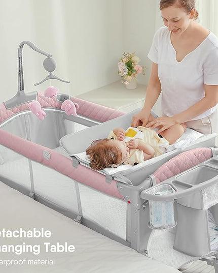 BabyBond Baby Bassinet Bedside Crib, Pack and Play with Sheet, Diaper Changing Table and Music Mobile from Newborn to Toddles, Portable Large Playard - LeafyLoom