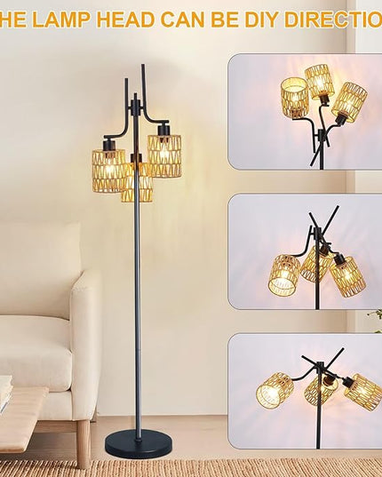 Ganeed Floor Lamps for Living Room,3 Lights Rattan Standing Tall Lamp with Foot Switch,360°Rotation Black Modern Woven Standing Floor Lamp for Bedroom Office - LeafyLoom