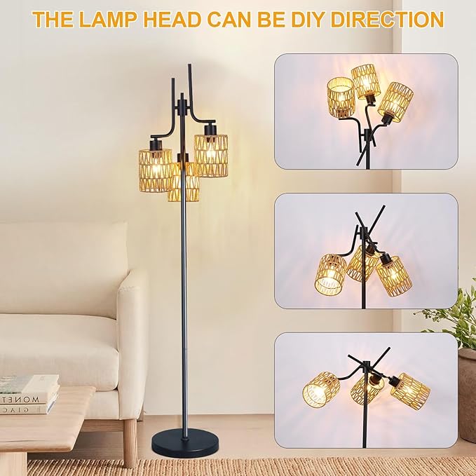 Ganeed Floor Lamps for Living Room,3 Lights Rattan Standing Tall Lamp with Foot Switch,360°Rotation Black Modern Woven Standing Floor Lamp for Bedroom Office - LeafyLoom