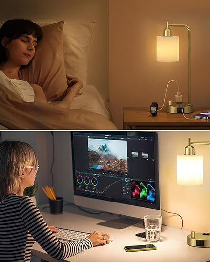 Innqoo Industrial Table Lamps for Bedroom Set of 2 - Fully Dimmable Bedside Lamps with USB Ports and Outlet, Gold Nightstand Lamps with Opal Glass Shade for Living Room, Desk Lamps for Office Reading - LeafyLoom