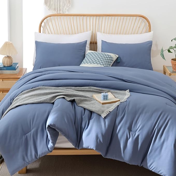 ROSGONIA King Size Comforter Set Slate Blue, 3pcs(1 Boho Comforter & 2 Pillowcases) Soft Lightweight Bedding Blanket All Season Bedspreads Quilt - LeafyLoom