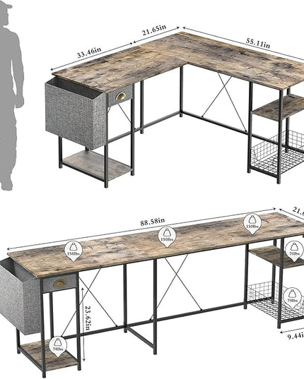 X-cosrack 2 Person Desk Large L-Shaped Computer Desk with Storage Shelves Drawer, Home Office Writing Corner Desk, Long Desk PC Laptop Workstation with Hooks Storage Bag Cable Hole - LeafyLoom