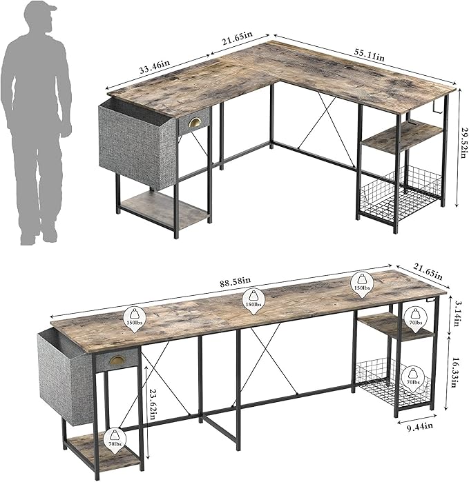 X-cosrack 2 Person Desk Large L-Shaped Computer Desk with Storage Shelves Drawer, Home Office Writing Corner Desk, Long Desk PC Laptop Workstation with Hooks Storage Bag Cable Hole - LeafyLoom