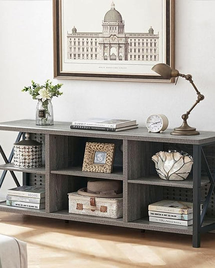 LVB Rustic Entertainment Center for 65 Inch TV, Industrial Wood TV Stand with Media Cabinet Storage, Farmhouse Metal Television Stands Console Table for Home Living Bedroom, Light Grey Oak, 55 Inch - LeafyLoom