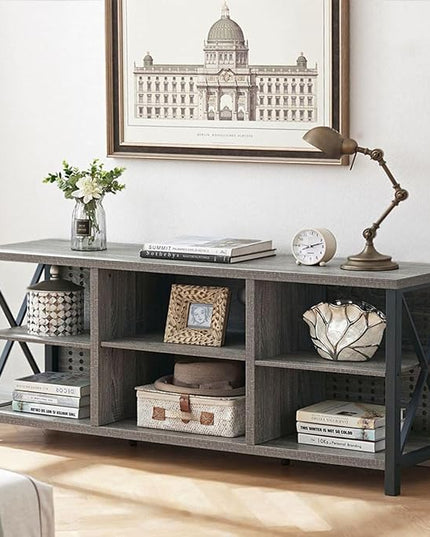 LVB Rustic TV Stand for 55 Inch TV, Industrial Home Entertainment Center with Cabinet Storage Shelf, Modern Wood and Metal Television Media Console Table for Bedroom Living Room, Light Gray Oak, 47 In - LeafyLoom