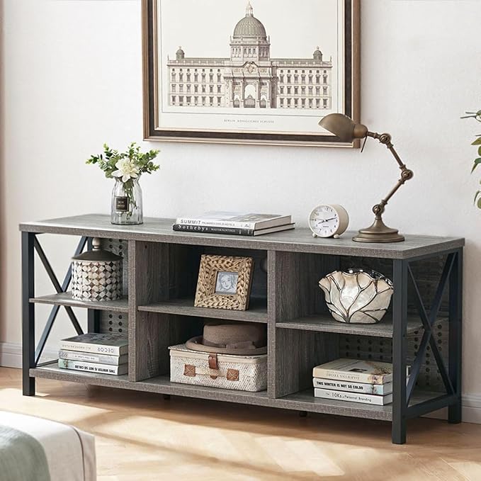 LVB Rustic TV Stand for 55 Inch TV, Industrial Home Entertainment Center with Cabinet Storage Shelf, Modern Wood and Metal Television Media Console Table for Bedroom Living Room, Light Gray Oak, 47 In - LeafyLoom
