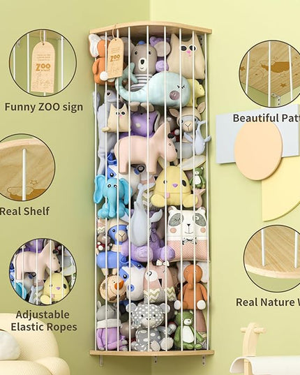 Stuffed Animal Storage for Plushie Toys - Large Wood Corner Hanging Pet Storage with Sky Pattern, Length Adjustable Toy Organizer Shelf for Nursery Play Room Bedroom Kid Room - LeafyLoom