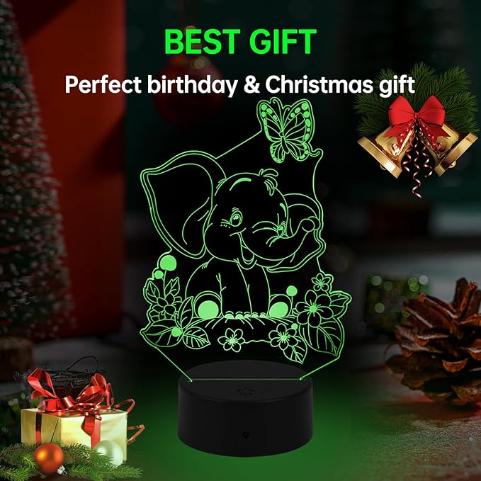 Elephant Play with Butterfly Illusion Room Decor Elephant Night Light Cute Elephant Desk Lamp with 7 Colors and Timing, Smart Touch & Remote Control Decorations Gifts for Girls, Kids, Boys - LeafyLoom