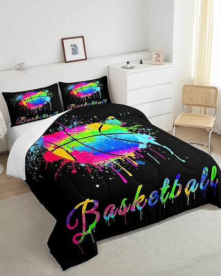 Feelyou Kids Basketball Comforter Set Queen Size Gaming Sports Bedding Set for Boys Girls Teens Bedroom Decor Ball Games Tie Dye Comforter Gift for Basketball Lover Duvet Set with 2 Pillow Case - LeafyLoom