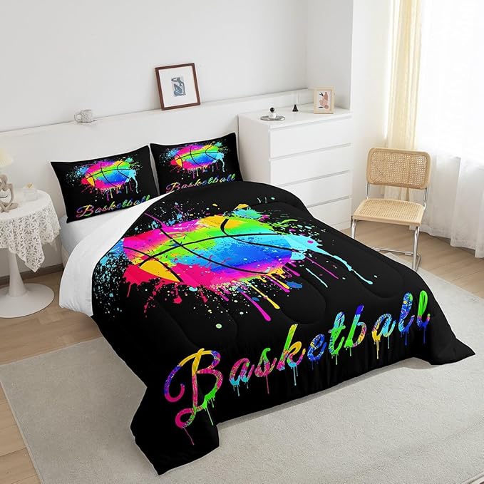 Feelyou Kids Basketball Comforter Set Queen Size Gaming Sports Bedding Set for Boys Girls Teens Bedroom Decor Ball Games Tie Dye Comforter Gift for Basketball Lover Duvet Set with 2 Pillow Case - LeafyLoom