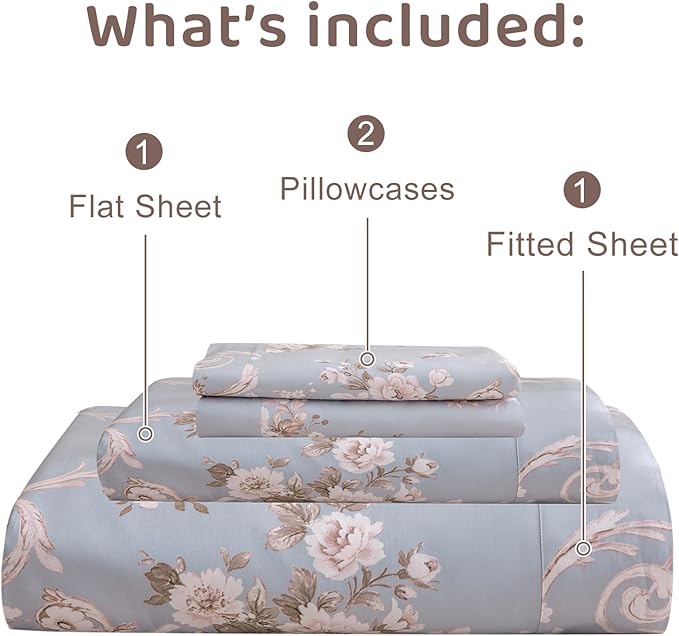 QSH Floral King Size Sheet Sets - 100% Egyptian Cotton Floral Bedding Sheets Blue Vintage Paisley Flower Pattern Printed Bedding King Size Bed Sheets 17.5" Extra Deep Pocket 4pcs - LeafyLoom