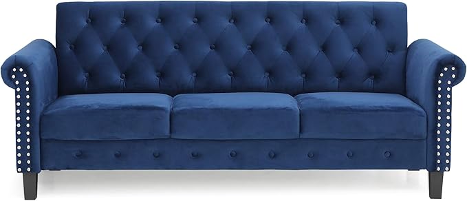 Furinno Bastia Vintage Modern Chesterfield Button Tufted 3-Seater Sofa Couch for Living Room, Navy Velvet - LeafyLoom