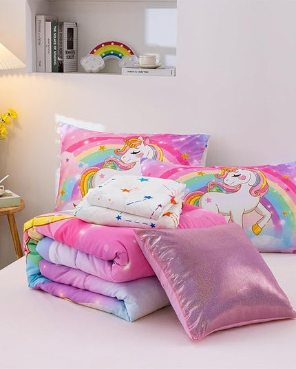 Aimuan Girls Unicorn Comforter Set 6 Pieces Pink Purple Bedding Set with Rainbow Star Galaxy Stars Fantasy Children Room Decor Soft Reversible Bed Sets for Boys/Girls/Teens (Rainbow Twin6Pcs) - LeafyLoom