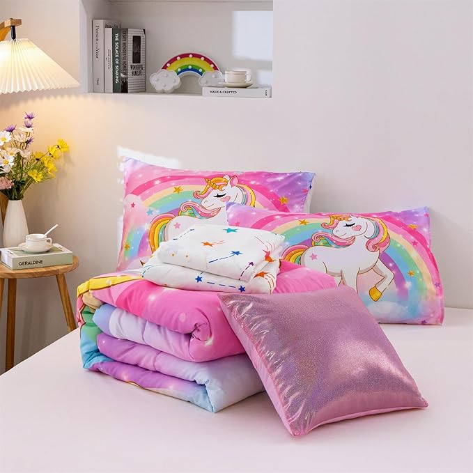 Aimuan Girls Unicorn Comforter Set 6 Pieces Pink Purple Bedding Set with Rainbow Star Galaxy Stars Fantasy Children Room Decor Soft Reversible Bed Sets for Boys/Girls/Teens (Rainbow Twin6Pcs) - LeafyLoom