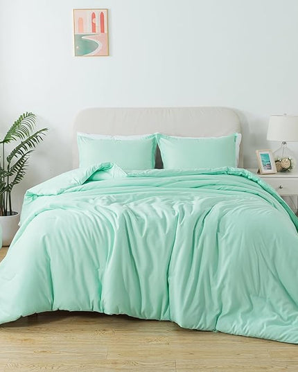 Full Size Sage Green Comforter Set, Solid Lightweight Down Alternative Soft Boho Bedding Comforter Set, Fluffy Microfiber Skin-Friendly Comforter for All Seasons with Pillowcases - LeafyLoom