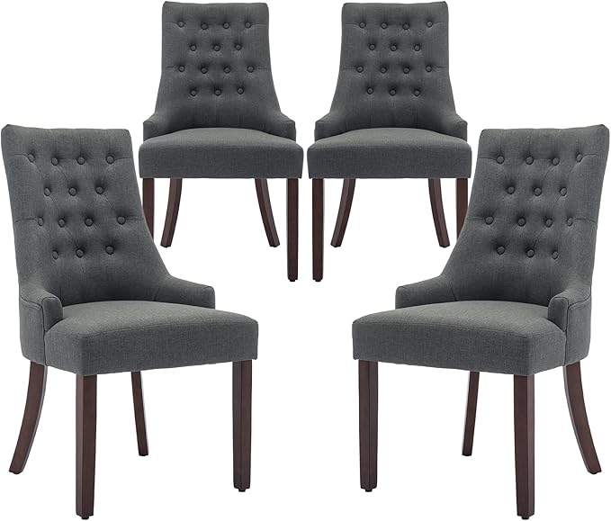 COLAMY Wingback Upholstered Dining Chairs Set of 2, Fabric Side Dining Room Chairs with Tufted Button, Living Room Chairs for Home Kitchen- Dark Grey - LeafyLoom