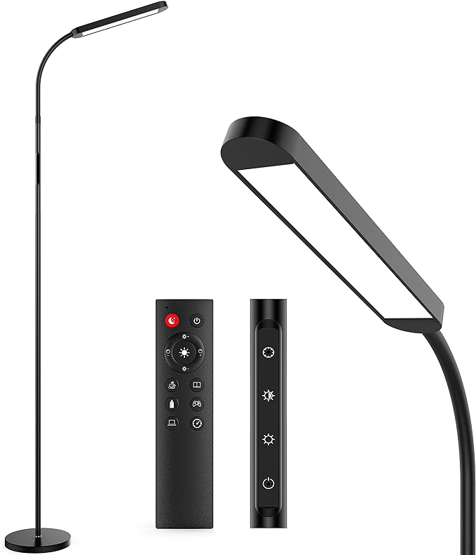MediAcous Floor Lamp, LED Floor Lamp for Living Room, 5 Colors & Brightness & Step-less Adjustable, Standing Lamp with 1H Timer, Remote & Button, Dimmable Reading Floor Lights, Work with Wall Switch - LeafyLoom