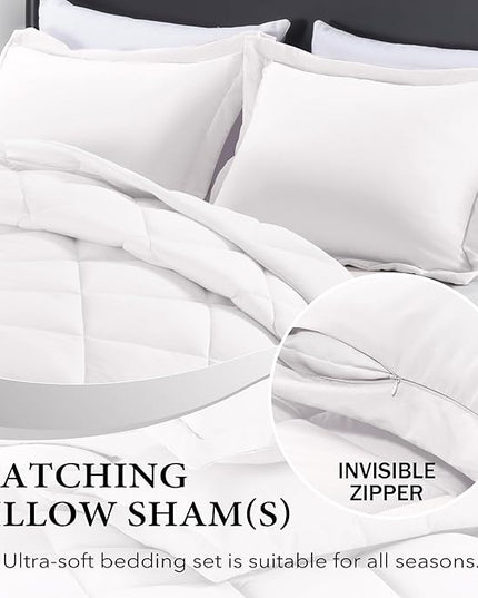 downluxe Queen Comforter Set - White Comforter Set Queen, 3 Pieces Solid Comforter Set Queen Size for All Seasons, 1 Lightweight Fluffy Comforter (88"x92") and 2 Pillow Shams - LeafyLoom