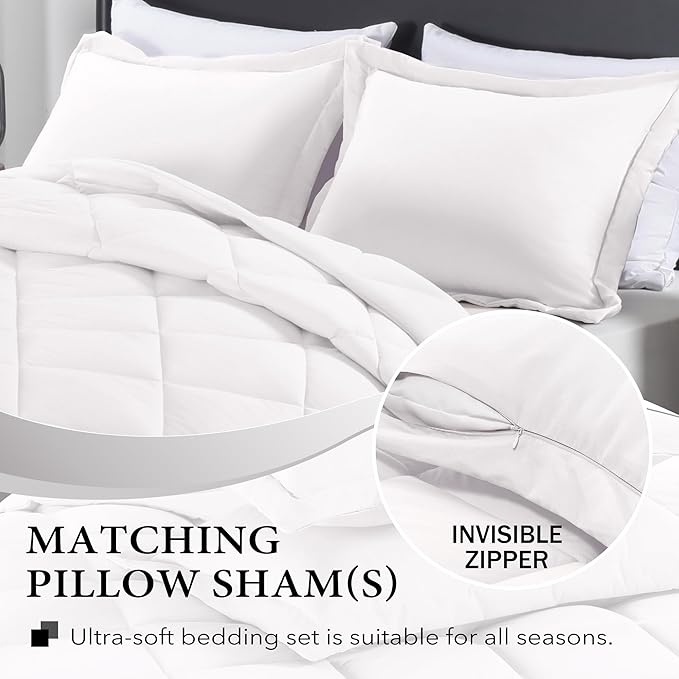 downluxe Queen Comforter Set - White Comforter Set Queen, 3 Pieces Solid Comforter Set Queen Size for All Seasons, 1 Lightweight Fluffy Comforter (88"x92") and 2 Pillow Shams - LeafyLoom
