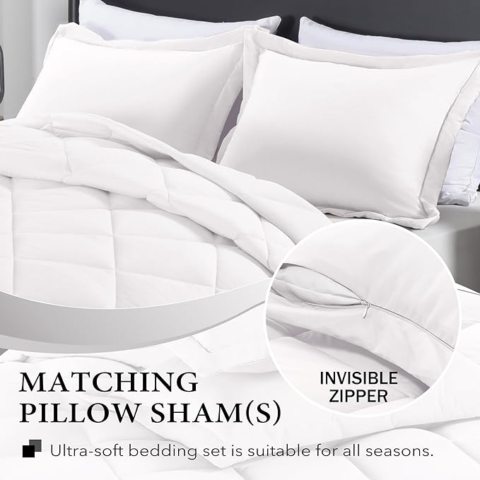 downluxe King Size Comforter Set - White King Comforter Set, 3 Pieces Soft Solid Comforter King Size Set for All Seasons, 1 Lightweight Fluffy Comforter (104"x92") and 2 Pillow Shams - LeafyLoom