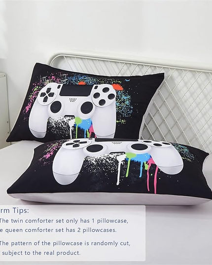 KAKKI 4 Piece Boys Twin Gamer Comforter Set with Sheets, 3D Colorful Video Game Controller Comforter for Kids Teen, All Season Soft Microfiber Gaming Bedding Set(White,Twin) - LeafyLoom