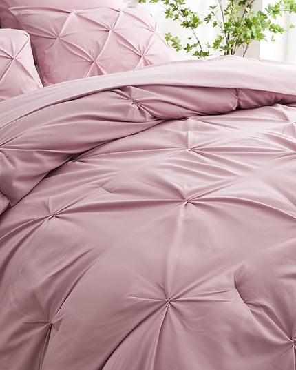 Ubauba 7pc Pink Queen Comforter Set, Pintuck Bed in a Bag Blush Bed Set with Comforters and Sheets 7 Piece, All Season Pinched Bedding Sets for Women (Pink,Queen Size) - LeafyLoom