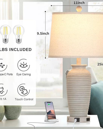 25" Farmhouse Jar Table Lamps Set of 2, 3 Way Touch Control Rustic Bedside Lamps with USB A+C Ports & AC Outlet, Pot Nightstand Lamps for Bedroom Living Room (LED Bulbs Included) - LeafyLoom