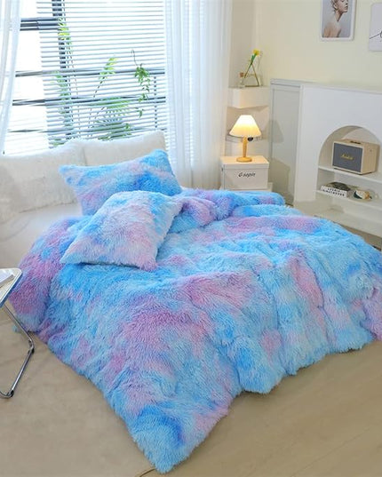 Faux Fur Kids Girls Blue Rainbow Comforter Sets King - 3PC Bed Set Warm Comfortable Soft Plush Flannel Velvet Fluffy Fuzzy Bedding（Comforter x 1 Pillowcases x 2） - LeafyLoom