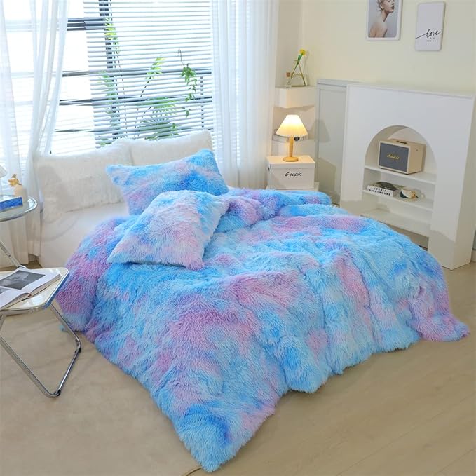 Faux Fur Kids Girls Blue Rainbow Comforter Sets King - 3PC Bed Set Warm Comfortable Soft Plush Flannel Velvet Fluffy Fuzzy Bedding（Comforter x 1 Pillowcases x 2） - LeafyLoom