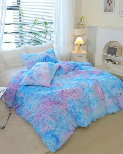 Faux Fur Kids Girls Blue Rainbow Comforter Sets Queen - 3PC Bed Set Warm Comfortable Soft Plush Flannel Velvet Fluffy Fuzzy Bedding（Comforter x 1 Pillowcases x 2） - LeafyLoom