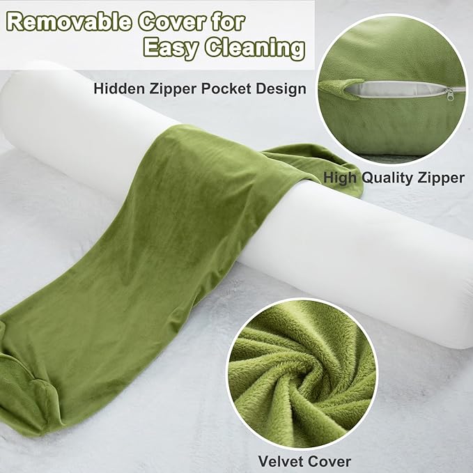 Body Pillow, Memory Foam Round Body Pillows for Adults, Firm Long Bolster Pillow for Bed, Cylinder Tube Roll Pillow with Velvet Cover, 47x7.87 Inches, Green - LeafyLoom