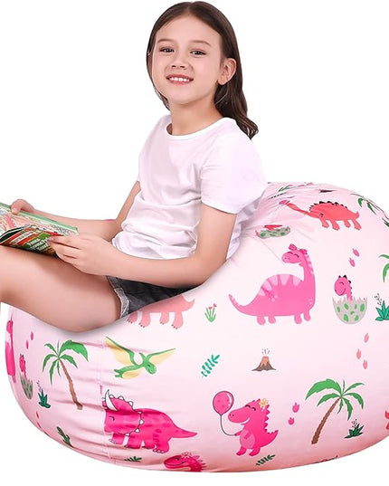 Lukeight Stuffed Animal Storage Bean Bag Chair Cover for Kids, Dinosaur Zipper Beanbag Chair Cover for Organizing Toddler & Kids' Rooms Plush Toys (Dinosaur Blush, X-Large) - LeafyLoom