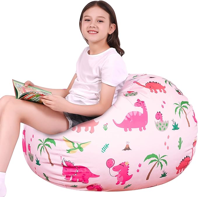 Lukeight Stuffed Animal Storage Bean Bag Chair Cover for Kids, Dinosaur Zipper Beanbag Chair Cover for Organizing Toddler & Kids' Rooms Plush Toys (Dinosaur Blush, X-Large) - LeafyLoom