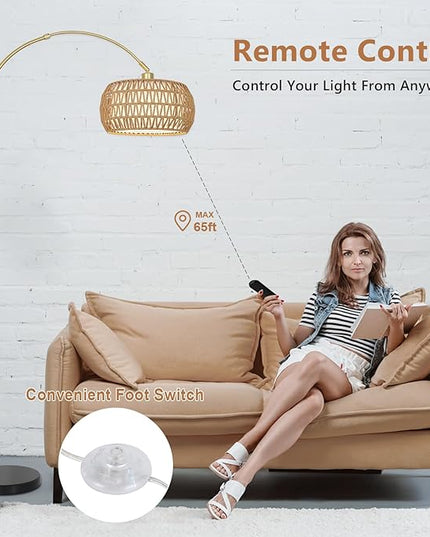Gold Floor Lamps for Living Room, Arc Floor Lamp with Remote & Dimmable Bulb, Boho Rattan Standing lamp with 3 Color Temperatures, Height Adjustable Tall Lamp for Bedroom, Over Couch Reading Lamp - LeafyLoom