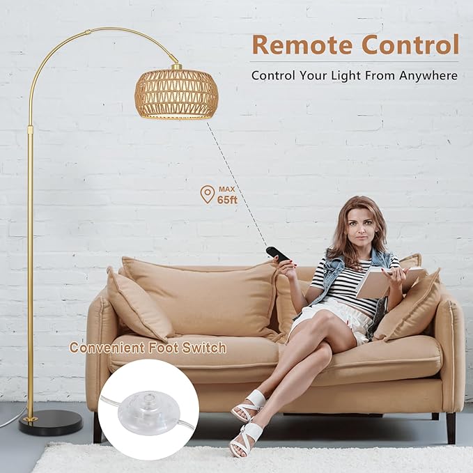 Gold Floor Lamps for Living Room, Arc Floor Lamp with Remote & Dimmable Bulb, Boho Rattan Standing lamp with 3 Color Temperatures, Height Adjustable Tall Lamp for Bedroom, Over Couch Reading Lamp - LeafyLoom