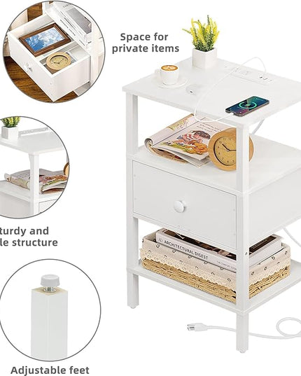 Lerliuo Nightstand Set of 2 with Charging Station and USB Ports, 3-Tier Storage End Table with Drawer Shelf, Night Stand for Small Spaces, Wood Bedside Table for Living Room, Bedroom - Elegant White - LeafyLoom