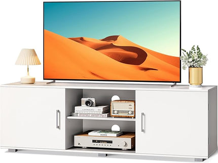 TV Stand for 55 Inch TV, Entertainment Center with Storage, 2 Cabinets, TV Console Media Cabinet with 6 Cable Holes, White TV Stand for Living Room, Bedroom - LeafyLoom