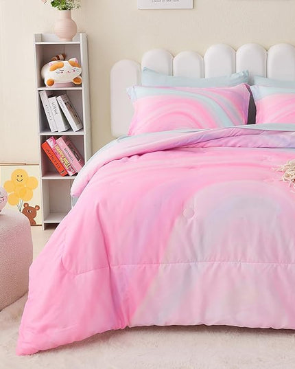 Wajade Girls Pink Comforter Set Bed in A Bag Queen Size 7 Piece 3D Colorful Tie Dye Pink Rainbow Bedding Set for Teens Girls (1 Comforter, 1 Flat Sheet, 1 Fitted Sheet, 2 Pillowcase and 2 Pillow Sham) - LeafyLoom