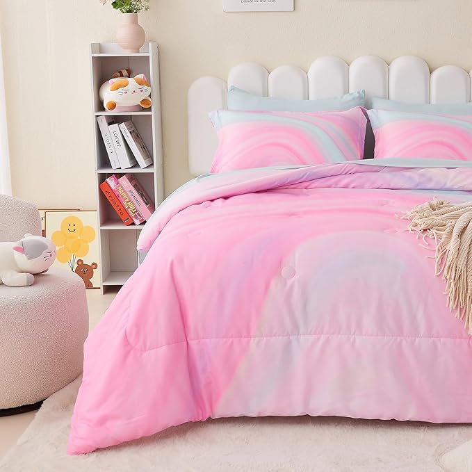 Wajade Girls Pink Comforter Set Bed in A Bag Full Size 7 Piece 3D Colorful Tie Dye Pink Rainbow Bedding Set for Teens Girls (1 Comforter, 1 Flat Sheet, 1 Fitted Sheet, 2 Pillowcase and 2 Pillow Sham) - LeafyLoom