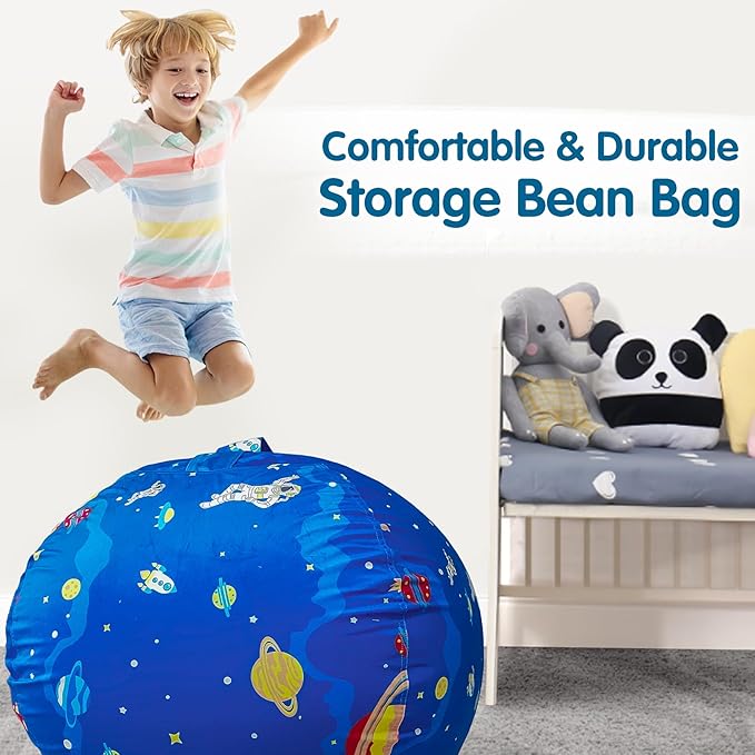 Lukeight Stuffed Animal Storage Bean Bag Chair Cover for Kids, Zipper Beanbag Chair Cover for Organizing Toddler & Kids' Rooms Plush Toys (Outer Space Velvet, Large) - LeafyLoom