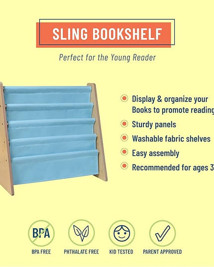 Wildkin Kids Canvas Sling Bookshelf for Boys and Girls, Wooden Design Features Four Fabric Shelves, Keep Bedrooms, Playrooms, and Classrooms Organized, an Ideal Kids Bookshelf (Natural w/Aqua) - LeafyLoom