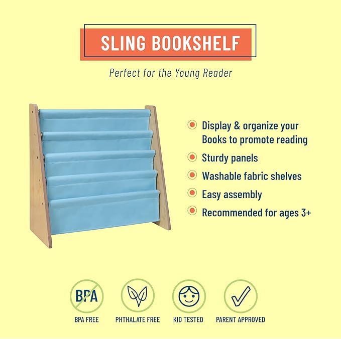 Wildkin Kids Canvas Sling Bookshelf for Boys and Girls, Wooden Design Features Four Fabric Shelves, Keep Bedrooms, Playrooms, and Classrooms Organized, an Ideal Kids Bookshelf (Natural w/Aqua) - LeafyLoom