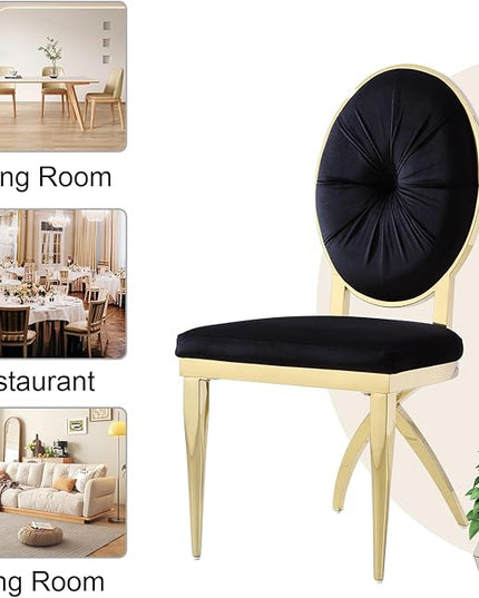 ACEDÉCOR Black and Gold Dining Chairs, Classic King Louis Dining Room Chair with Oval Back and Polished Gold X Shaped Legs, Black Velvet Upholstered Dining Chairs Set of 2 - LeafyLoom