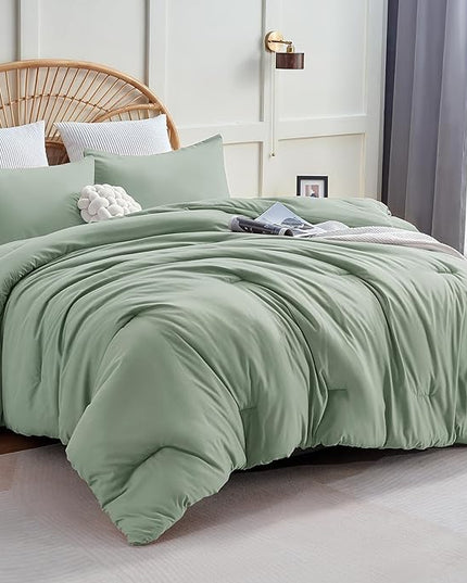 CozyLux Sage Green Comforter Set King Size, 3 Pieces Solid Breathable Quilted Style Bedding Sets, Luxury Fluffy Soft Microfiber Comforter for All Season(1 Comforter & 2 Pillowcases) - LeafyLoom