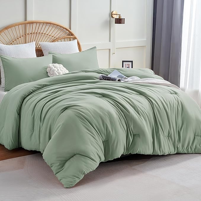 CozyLux Sage Green Comforter Set Queen Size, 3 Pieces Solid Breathable Quilted Style Bedding Sets, Luxury Fluffy Soft Microfiber Comforter for All Season(1 Comforter & 2 Pillowcases) - LeafyLoom