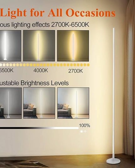 Modern Corner Floor Lamp - 3000K-6000K LED Standing Lamp - Minimalist Dimmable Floor Lamp with Remote Control for Living Room, Bedroom (White) - LeafyLoom