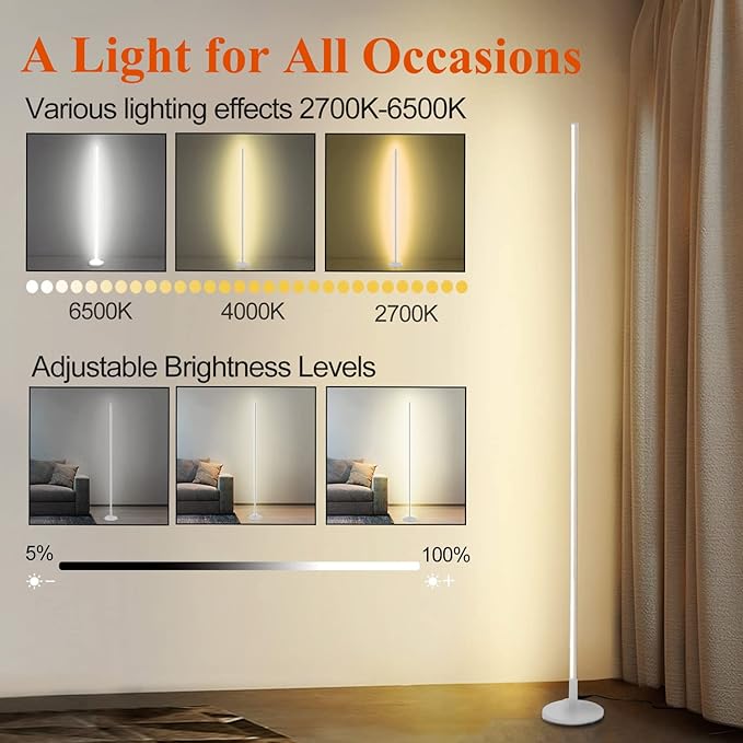 Modern Corner Floor Lamp - 3000K-6000K LED Standing Lamp - Minimalist Dimmable Floor Lamp with Remote Control for Living Room, Bedroom (White) - LeafyLoom
