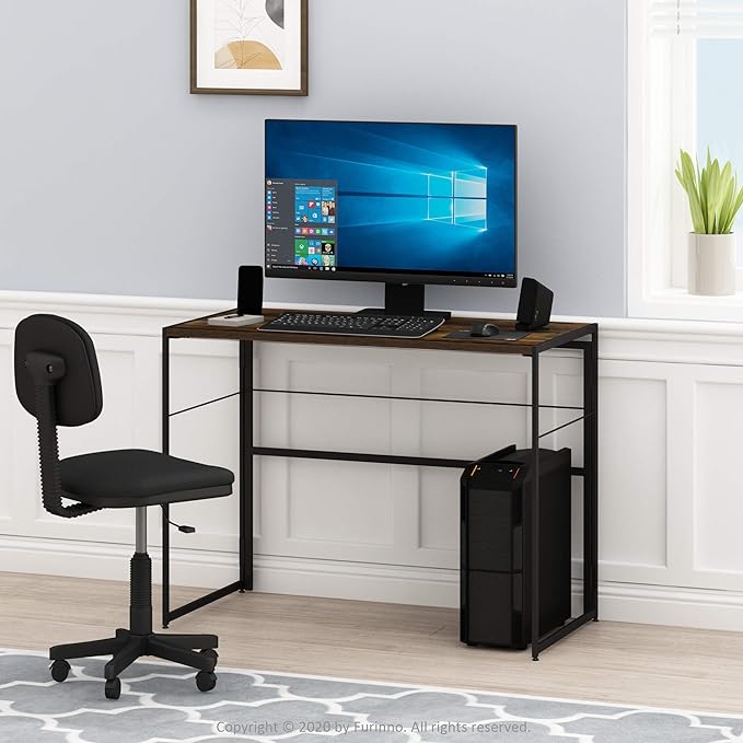 Furinno Riau No Tool/No Assembly/Folding Metal Frame Computer Desk, Rustic Oak/Black, 39 Inch - LeafyLoom