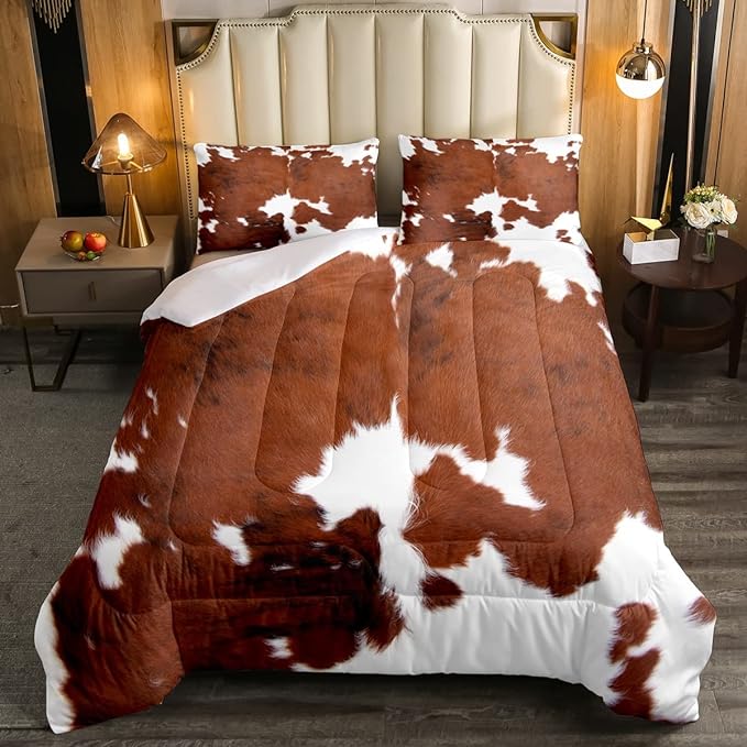 Cowhide Print Comforter Set Full Size, Western Farm Animal Fur Bedding Set, Brown White Cow Print Down Comforter For Kids Boys Girls Teens,Rustic Farmhouse Cow Quilt Set Bedroom Decor 2 Pillow Cases - LeafyLoom