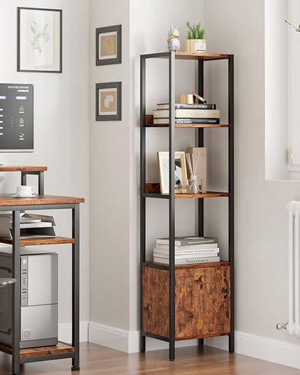 Furologee 5-Tier Bookshelf, Narrow Shelf with Storage Cabinet for Bedroom, Metal and Wood Shelf, Industrial Freestanding Display Tall Shelf for Living Room, Home Office, Bathroom, Rustic Brown - LeafyLoom